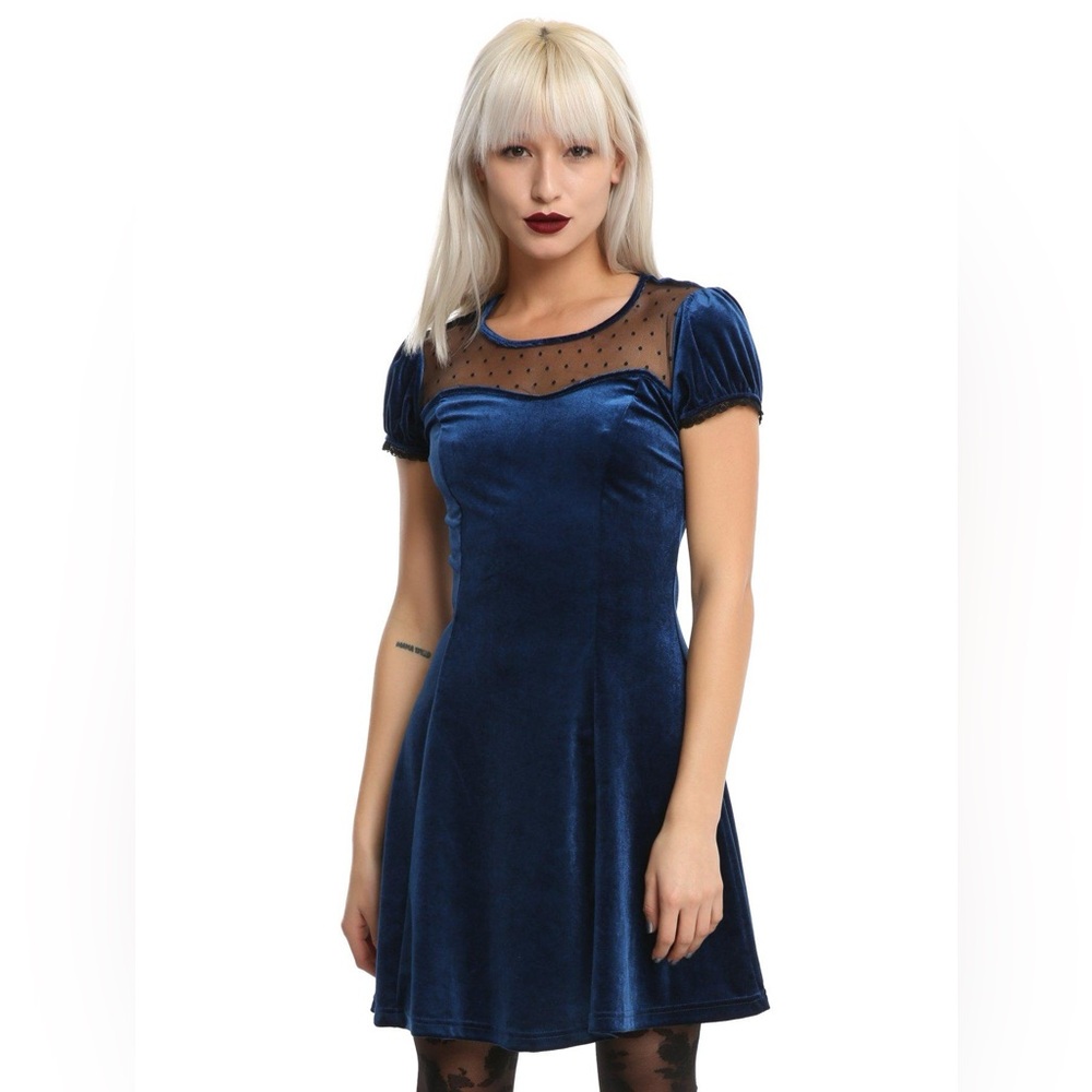 Hot Topic Blue Velvet Swiss Dot Yoke Dress Size L